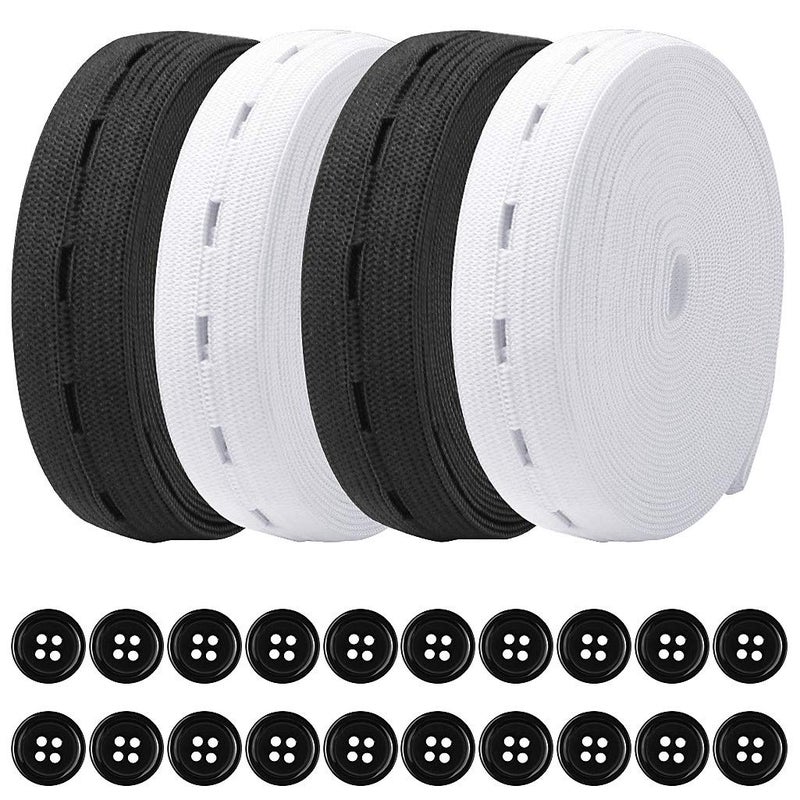 Yookat 4 Rolls Elastic Band with Holes Elastic Band Button Elastic Button Holes Sewing Elastic Bands with Buttonhole and 100Pcs 18mm Black Resin Button (Black and White, 3/4 inch) - Image 1